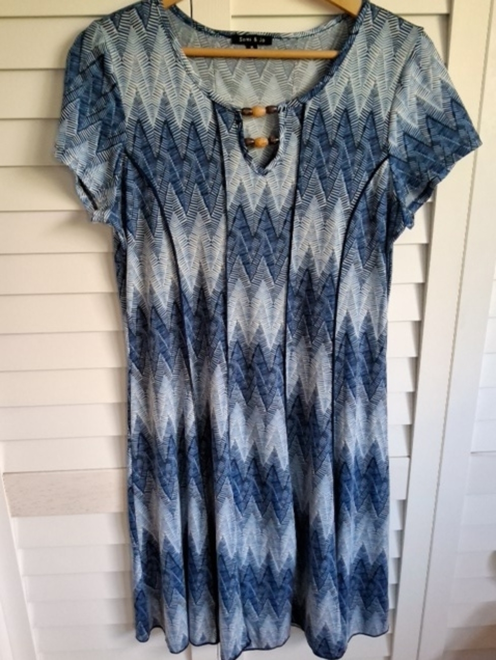 Sami & Jo Blue Chevron Midi Dress with Wooden Button Detail